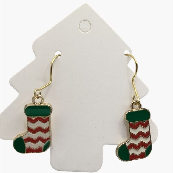 Christmas Stocking Earrings Festive Holiday Jewelry Red & Green Chevron Design - Picture 1 of 8